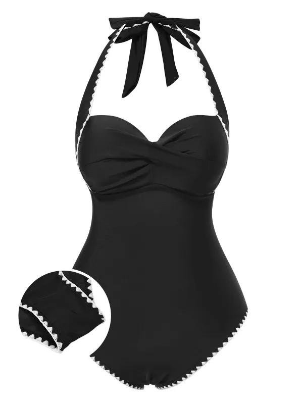 Black 1950s Halter Scallop-Trim One-Piece Swimsuit sold by Retro Stage