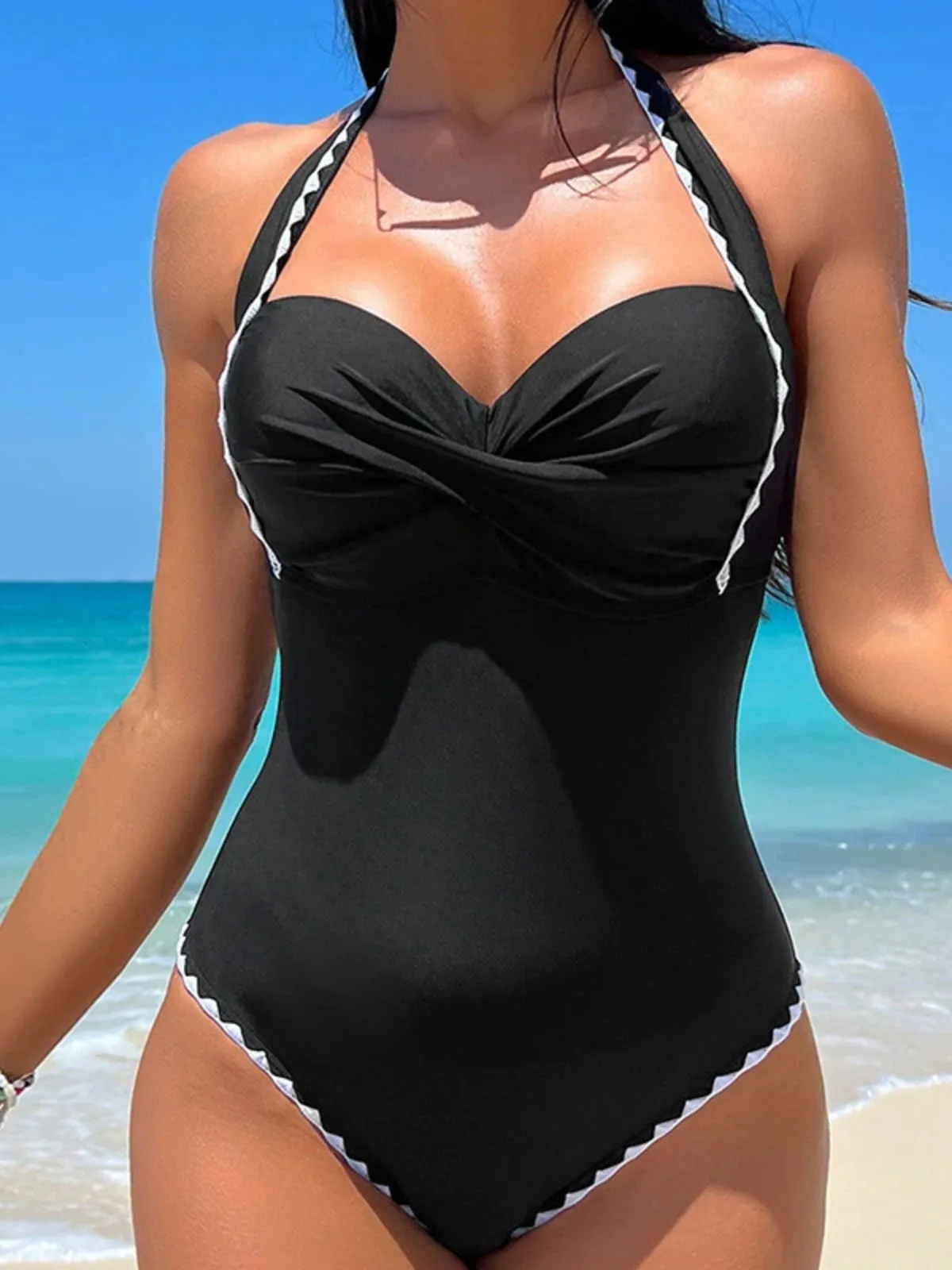 Black 1950s Halter Scallop-Trim One-Piece Swimsuit sold by Retro Stage product image thumbnail 5