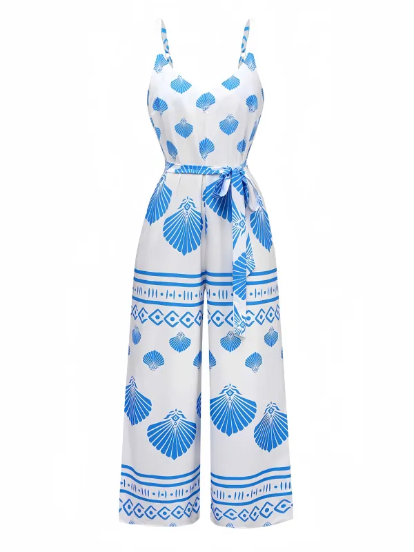 Blue 1930s Spaghetti Strap Seashell Print Belted Jumpsuit sold by Retro Stage