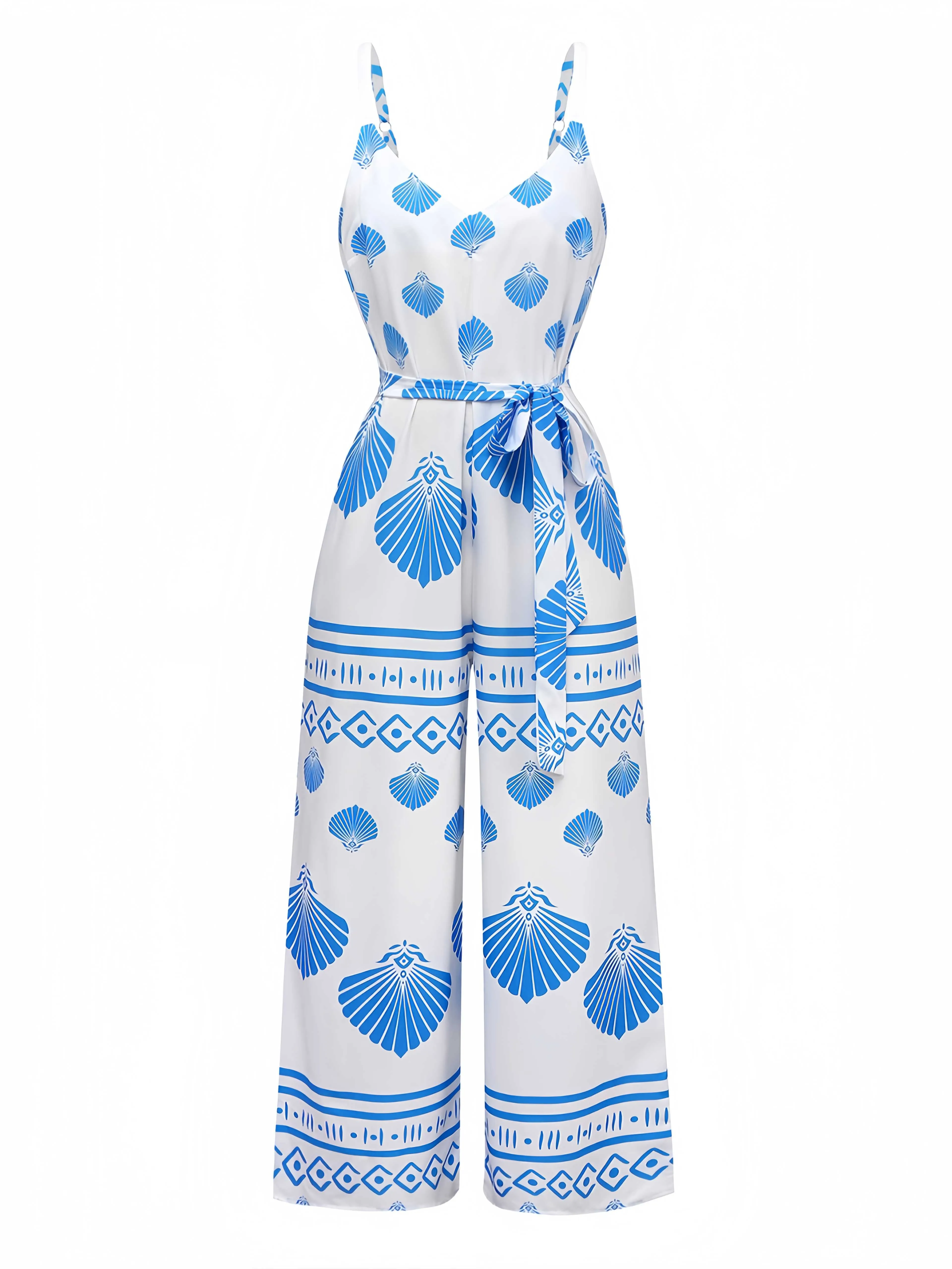 Blue 1930s Spaghetti Strap Seashell Print Belted Jumpsuit sold by Retro Stage