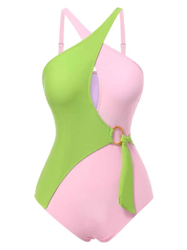 1980s Contrast Cross Strap Ring-Tie One-Piece Swimsuit sold by Retro Stage