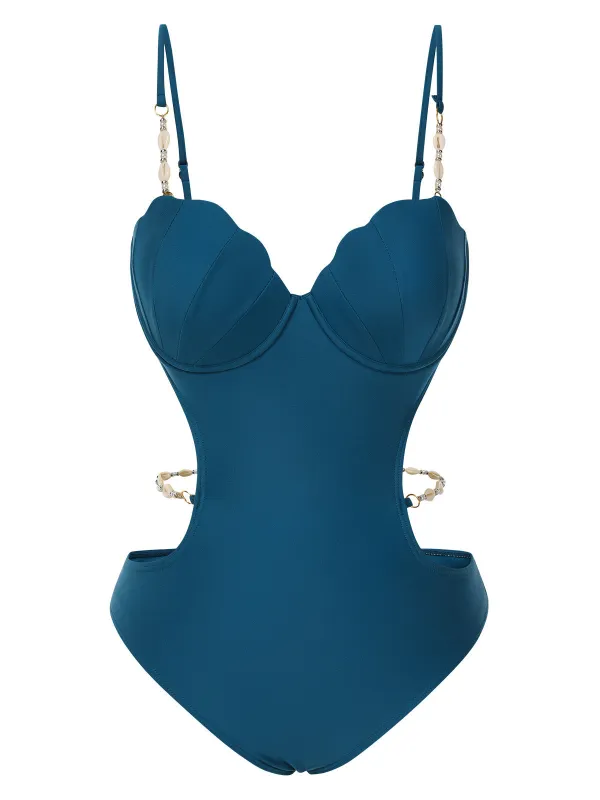 Teal 1960s Seashell Spaghetti Strap Cut-Out Swimsuit sold by Retro Stage