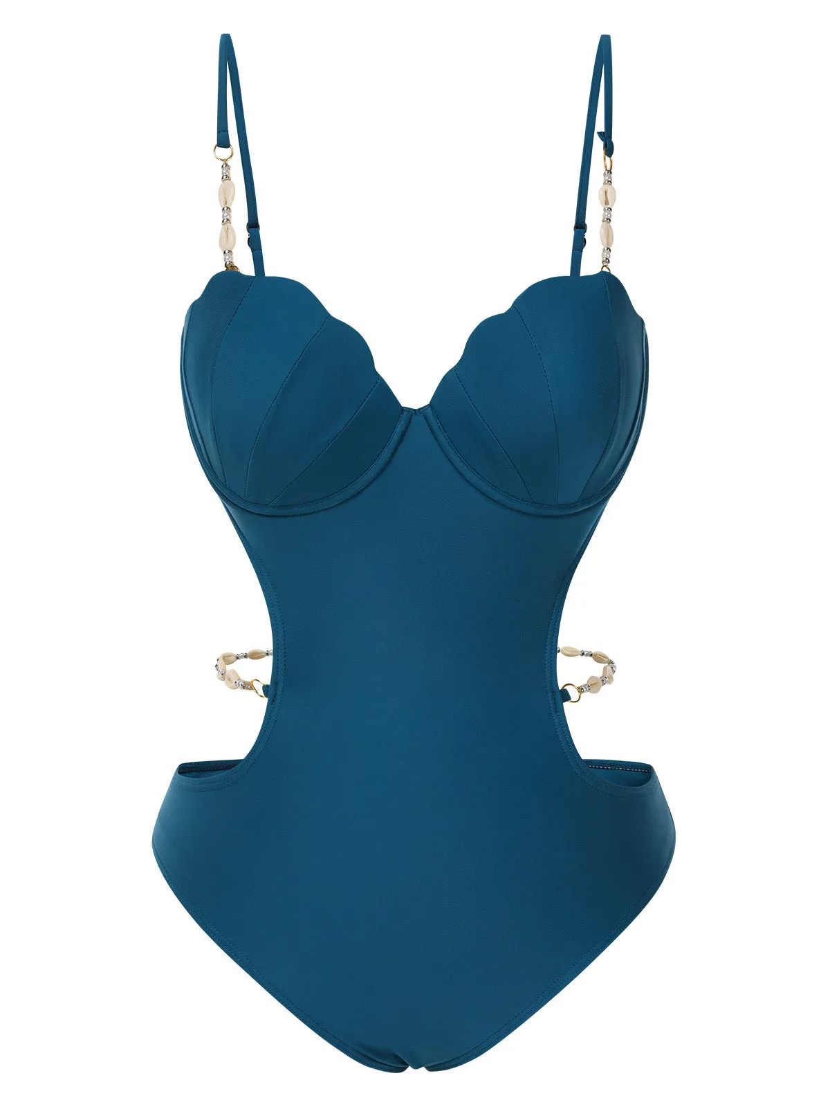 Teal 1960s Seashell Spaghetti Strap Cut-Out Swimsuit sold by Retro Stage