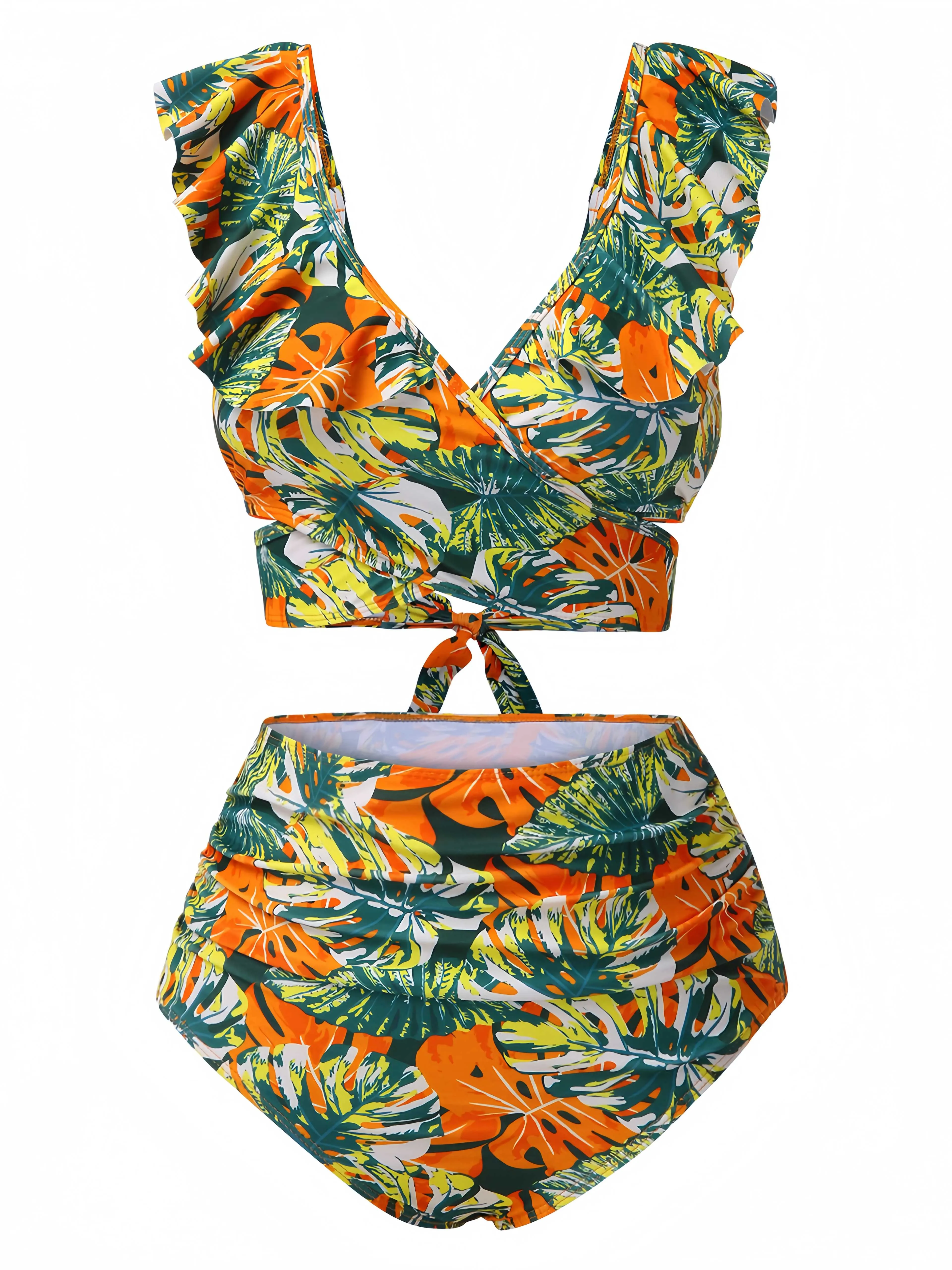 1960s Ruffles Strap Tropical Plants Wrap Bikini Set sold by Retro Stage