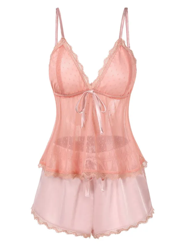 Pink 1950s Dots Lace Trim Satin Pajama Set sold by Retro Stage