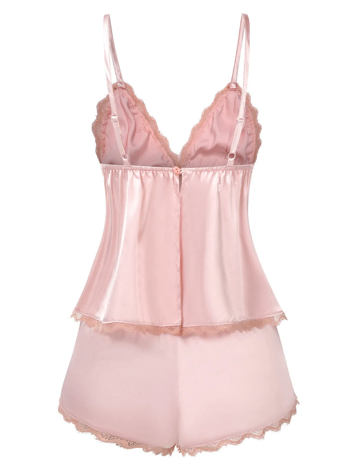Pink 1950s Dots Lace Trim Satin Pajama Set sold by Retro Stage product image thumbnail 2