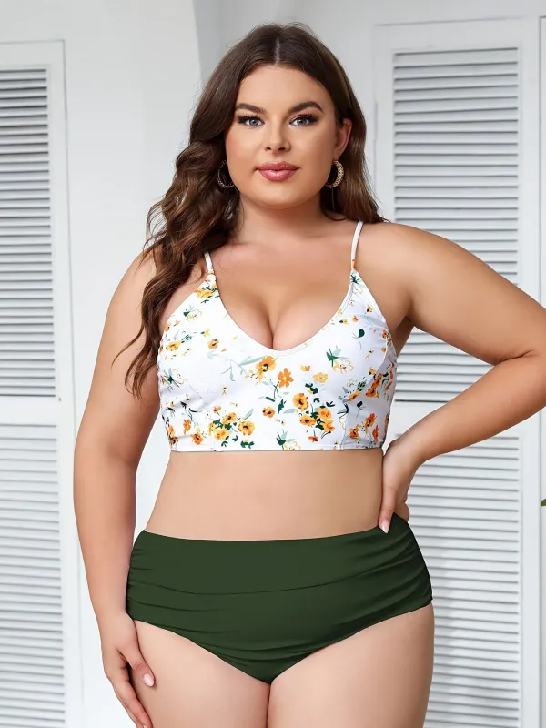 [Plus Size] Green 1950s Lace-Up Floral Bikini Set sold by Retro Stage