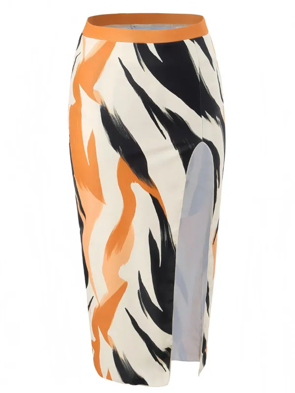 Khaki 1960s Artistic Brush High Slits Cover-Up sold by Retro Stage