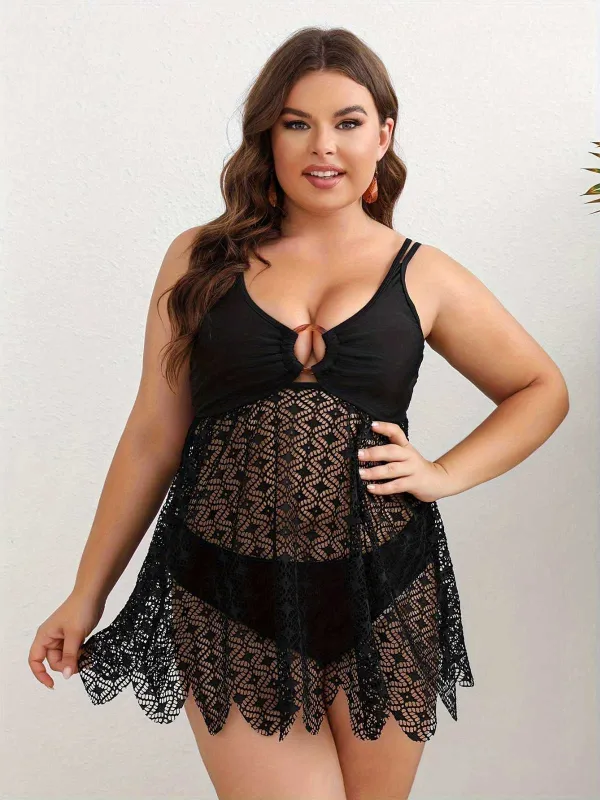 [Plus Size] Black 1950s Solid Bohemian Lace Tankini Set sold by Retro Stage