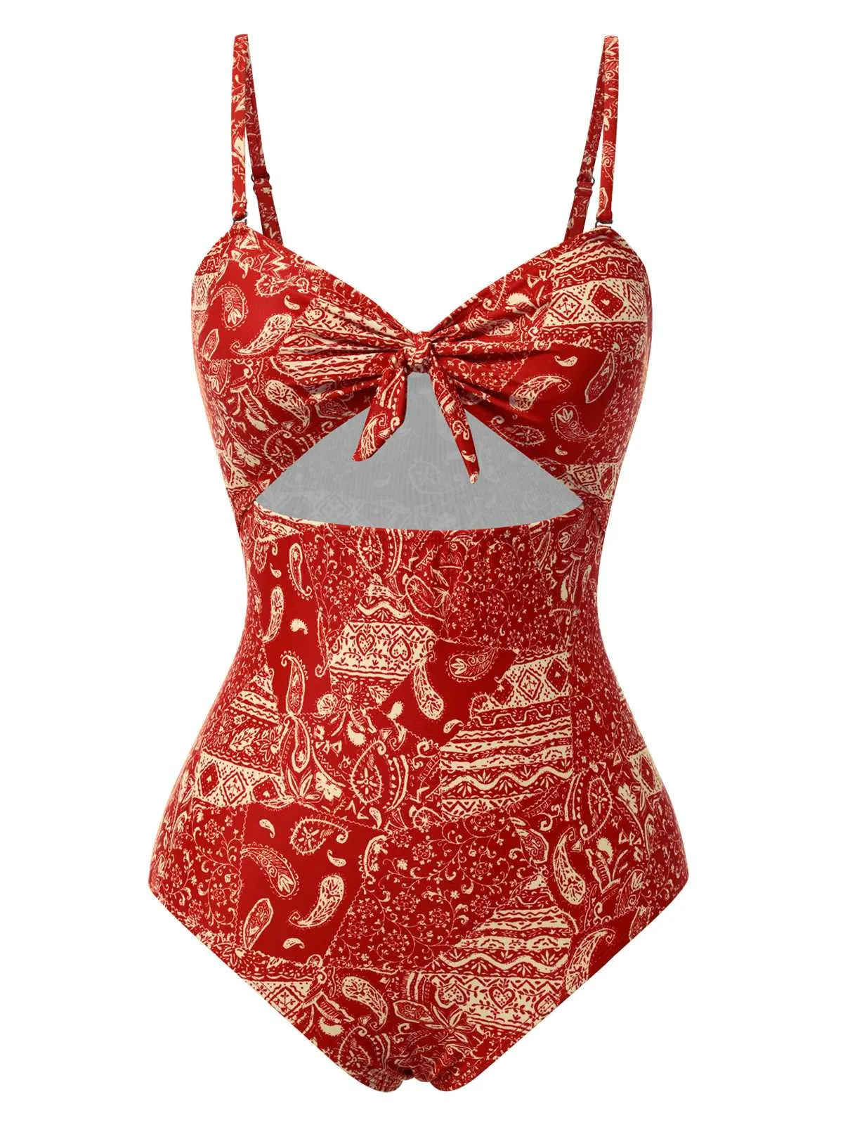 Red 1970s Paisley Hollow Spaghetti Straps Swimsuit sold by Retro Stage product image thumbnail 3