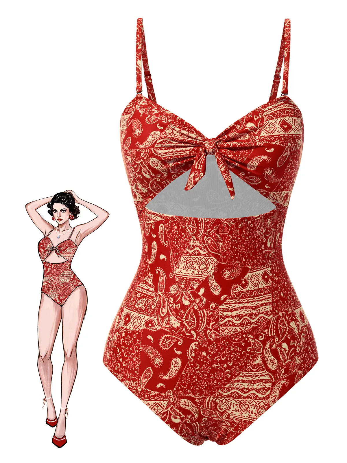 Red 1970s Paisley Hollow Spaghetti Straps Swimsuit sold by Retro Stage