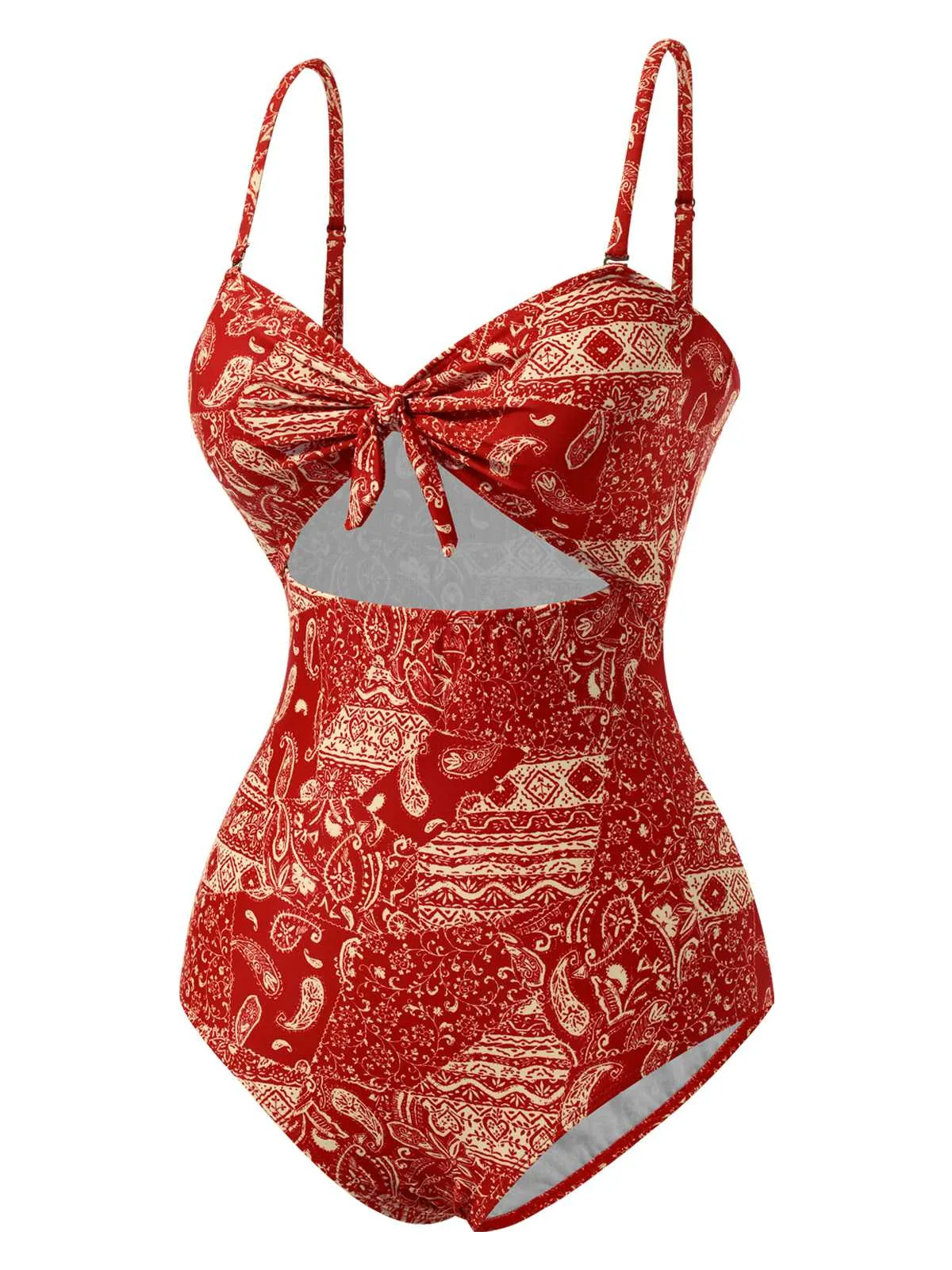 Red 1970s Paisley Hollow Spaghetti Straps Swimsuit sold by Retro Stage product image thumbnail 4