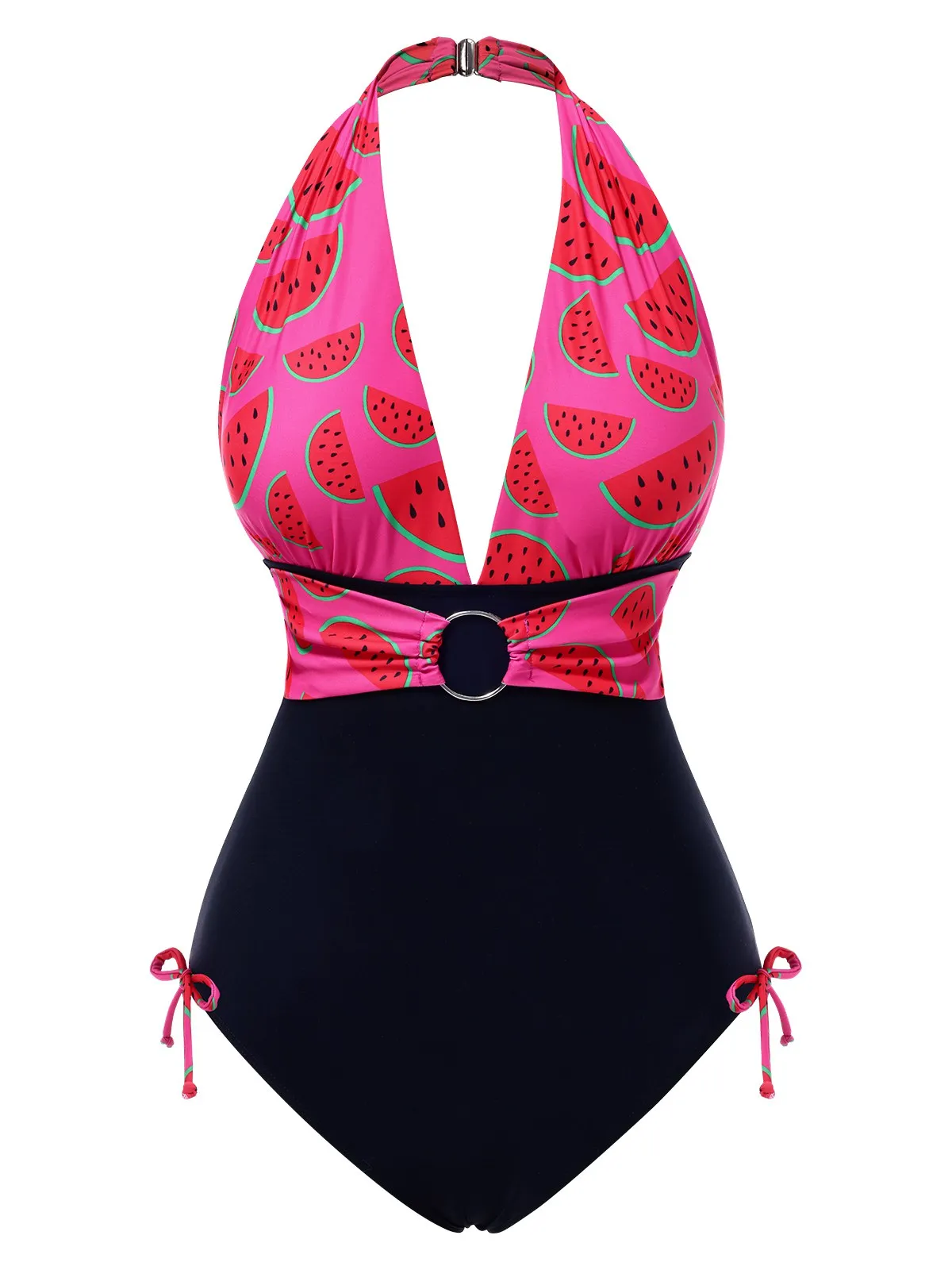 Pink 1960s Watermelon Deep V Halter Swimsuit sold by Retro Stage product image thumbnail 2