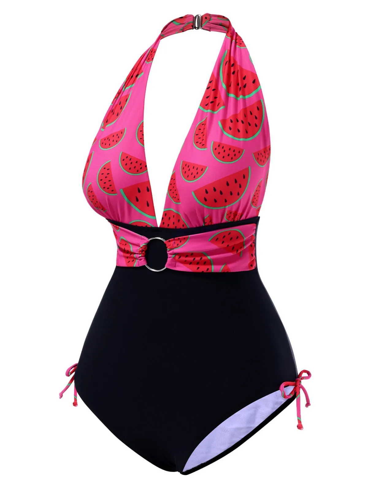 Pink 1960s Watermelon Deep V Halter Swimsuit sold by Retro Stage product image thumbnail 3