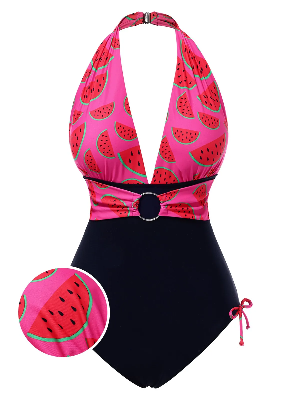 Pink 1960s Watermelon Deep V Halter Swimsuit sold by Retro Stage