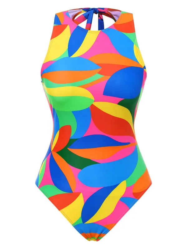 Multicolor 1960s Abstract Leaves One-Piece Swimsuit sold by Retro Stage