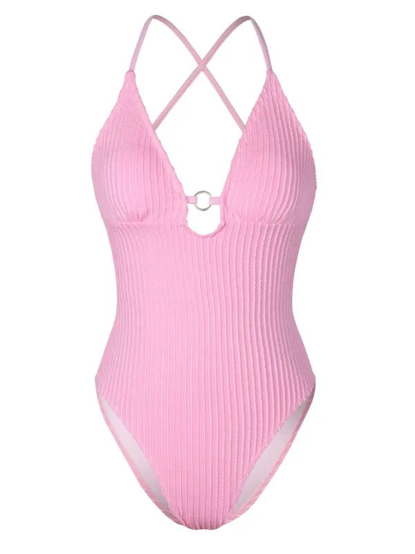 Pink 1950s Spaghetti Strap High-Leg Solid Swimsuit sold by Retro Stage