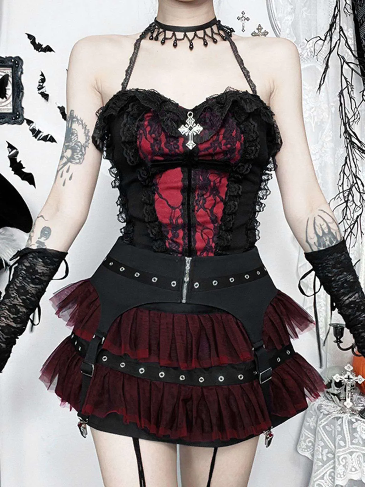 2PCS Black 1980s Gothic Steampunk Halter Cross Camisole & Mini Skirt sold by Retro Stage product image thumbnail 4