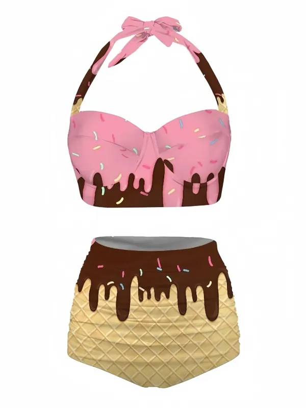 Pink 1970s Halter Ice-Cream Cone High-Waist Bikini sold by Retro Stage
