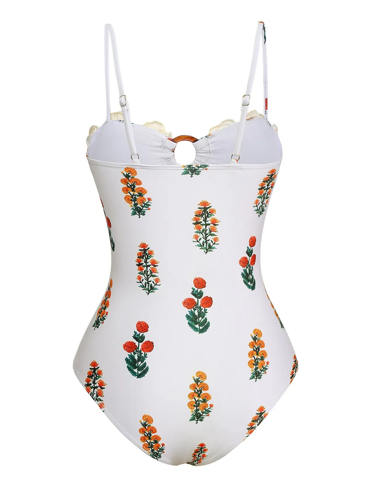2PCS White 1960s 3D-Flower Spaghetti Straps Swimsuit & Cover-Up sold by Retro Stage product image thumbnail 3