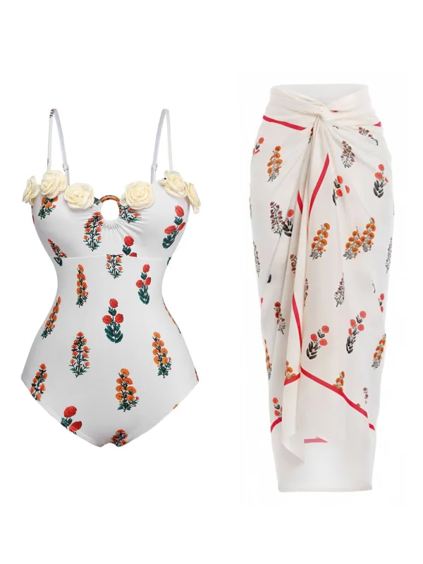 2PCS White 1960s 3D-Flower Spaghetti Straps Swimsuit & Cover-Up sold by Retro Stage