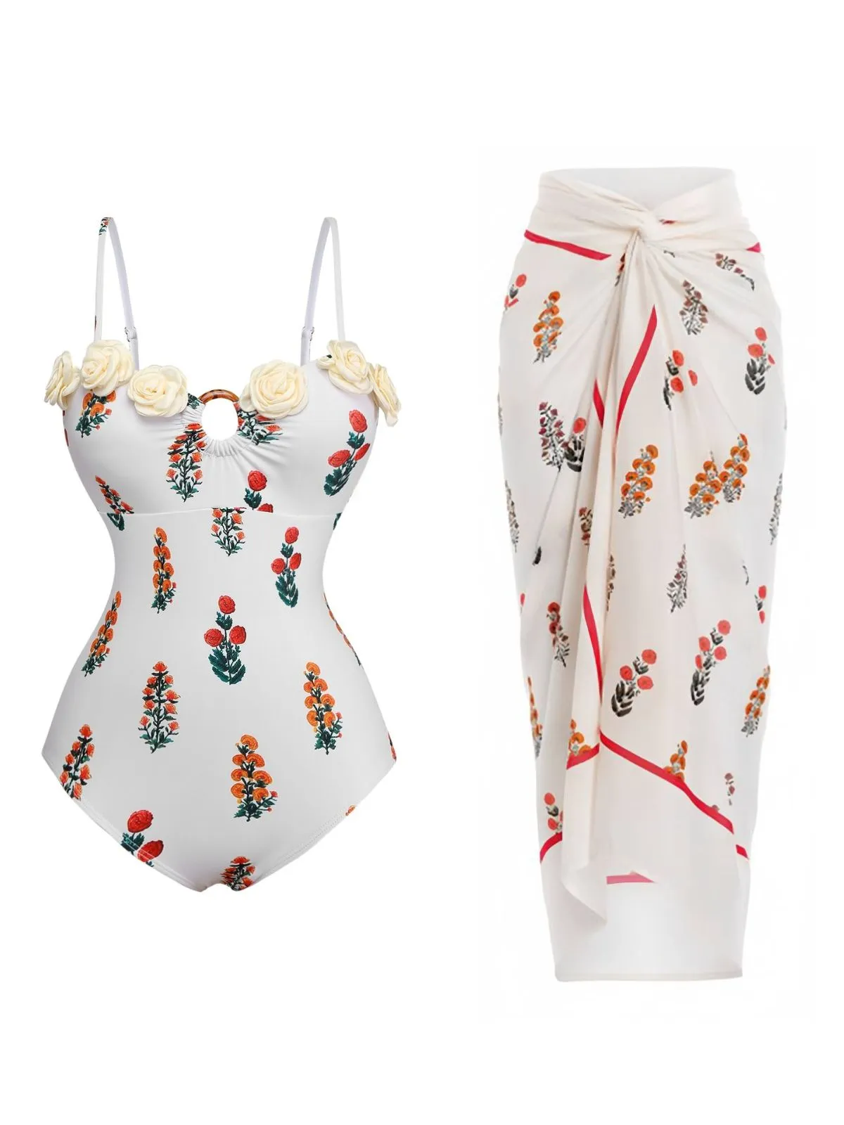 2PCS White 1960s 3D-Flower Spaghetti Straps Swimsuit & Cover-Up sold by Retro Stage