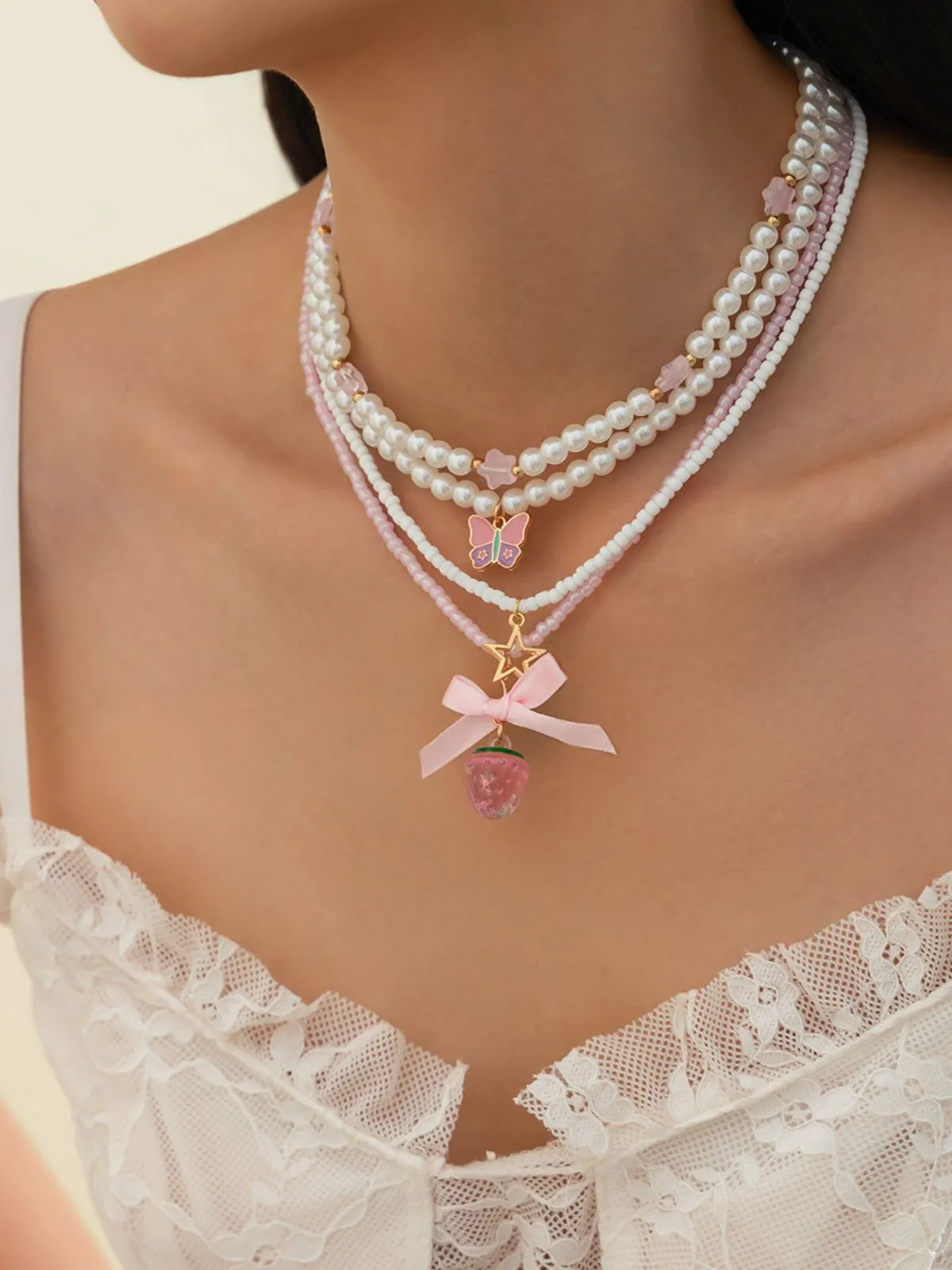 Pink & White Pearl Bow Butterfly Necklace Set sold by Retro Stage product image thumbnail 3