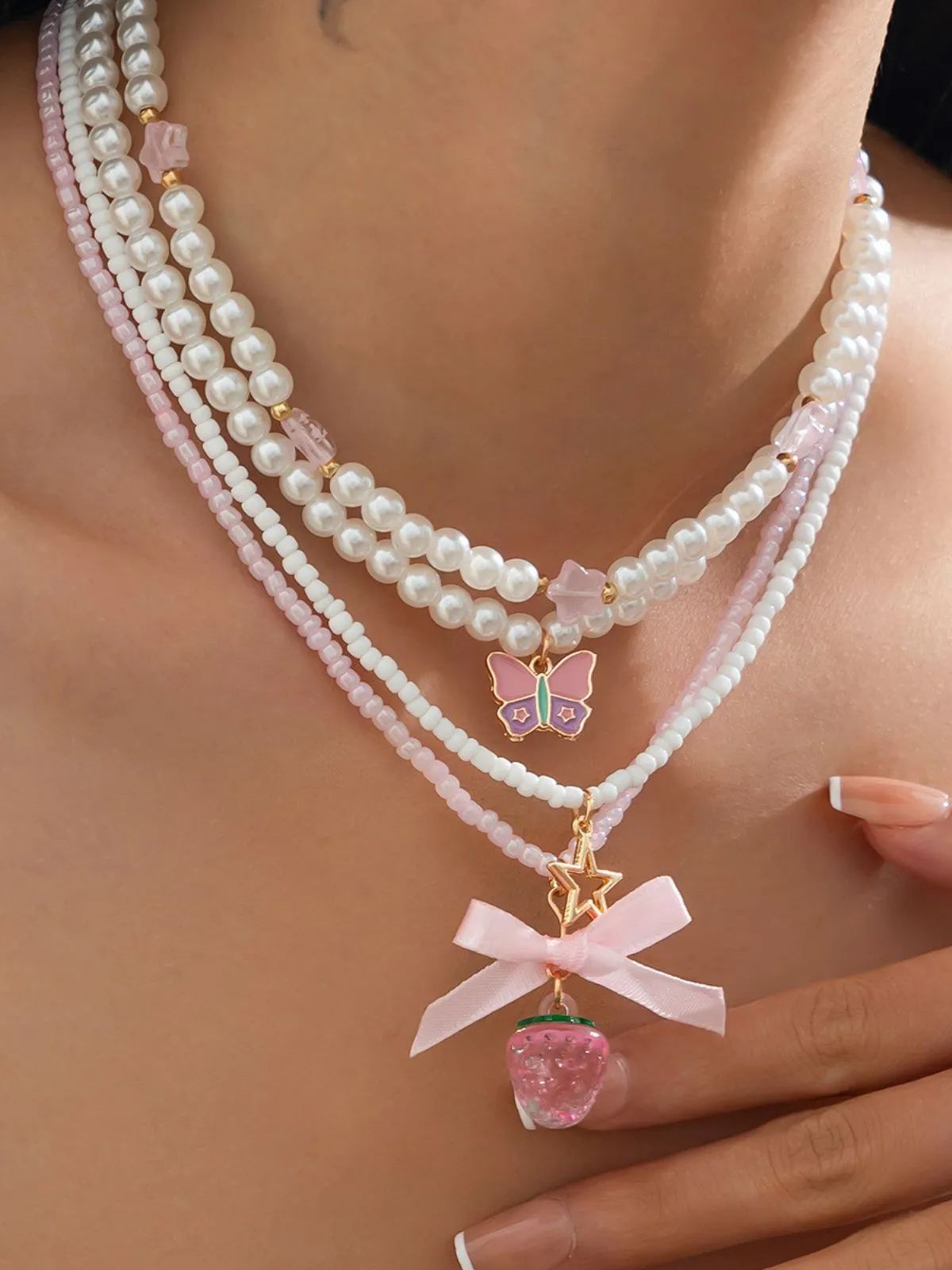 Pink & White Pearl Bow Butterfly Necklace Set sold by Retro Stage product image thumbnail 2