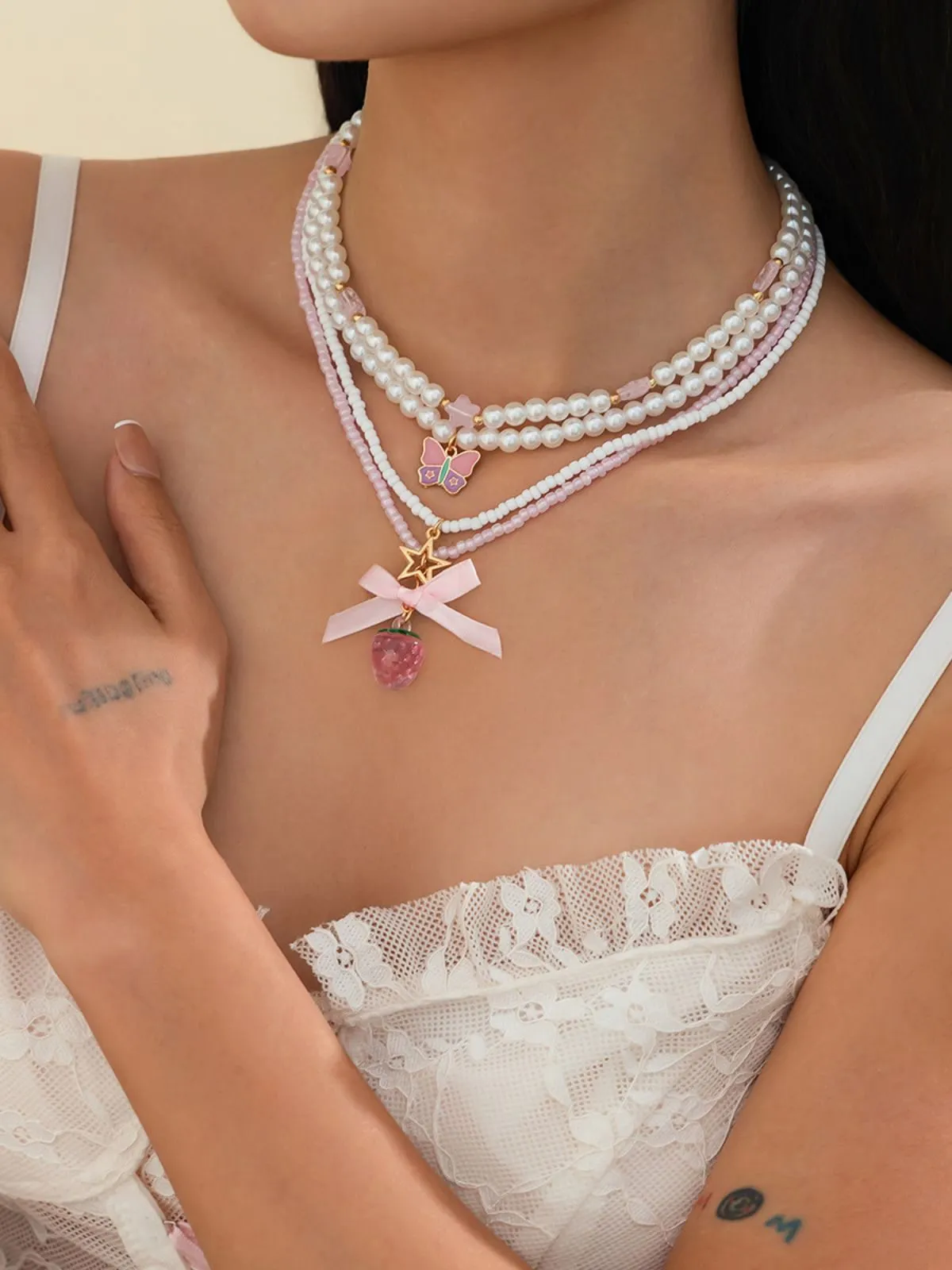 Pink & White Pearl Bow Butterfly Necklace Set sold by Retro Stage product image thumbnail 4