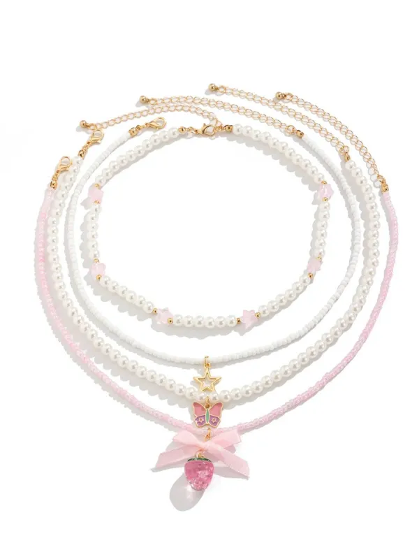 Pink & White Pearl Bow Butterfly Necklace Set sold by Retro Stage