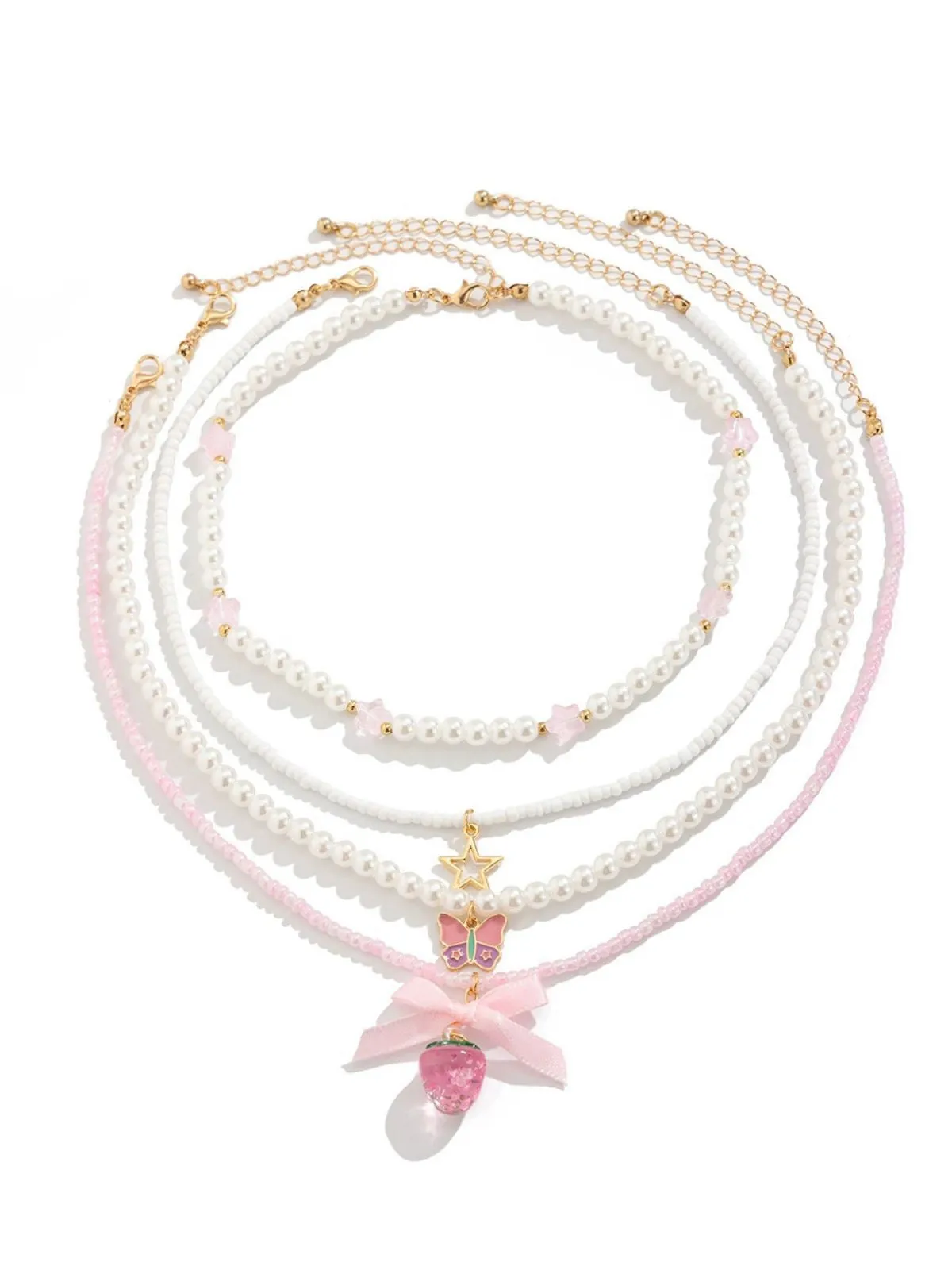 Pink & White Pearl Bow Butterfly Necklace Set sold by Retro Stage