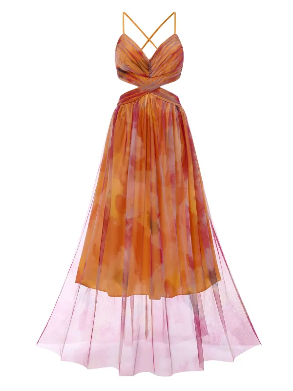 Multicolor 1970s Bohemian Tie-Back Floral Mesh Dress sold by Retro Stage