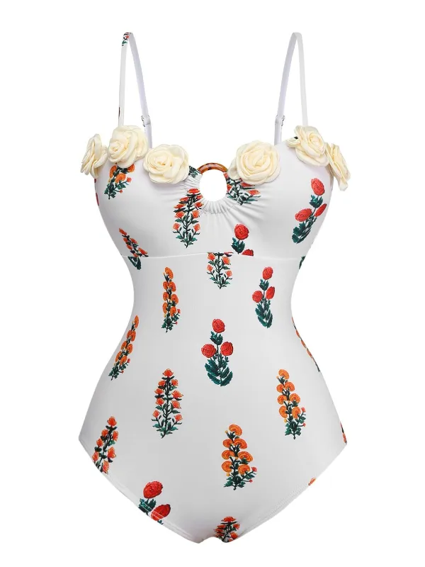 White 1960s 3D-Flower Spaghetti Straps One-Piece Swimsuit sold by Retro Stage