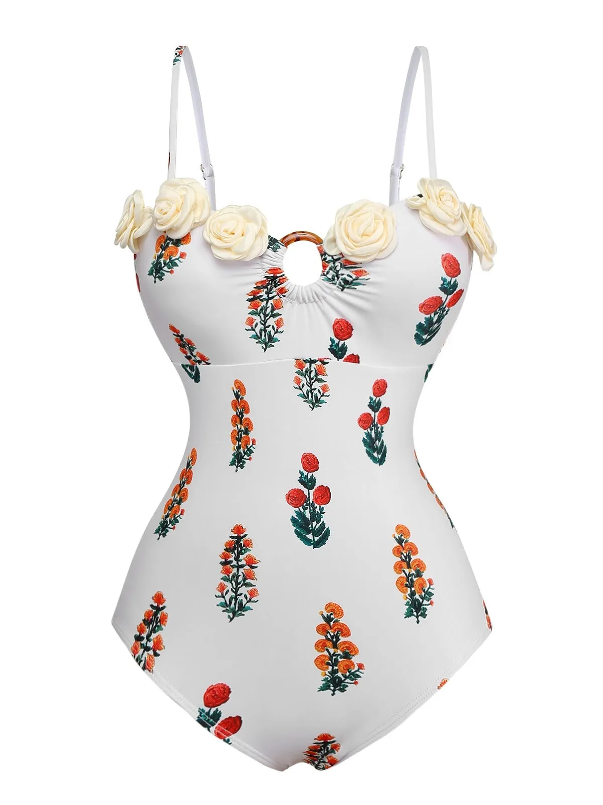 White 1960s 3D-Flower Spaghetti Straps One-Piece Swimsuit sold by Retro Stage