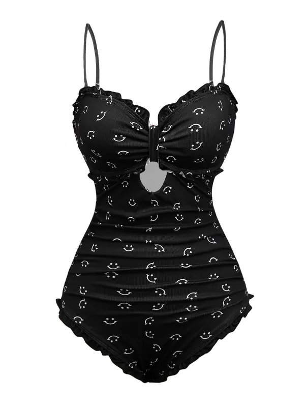 Black 1930s Smile Print Ruffles Spaghetti Straps One-Piece Swimsuit sold by Retro Stage