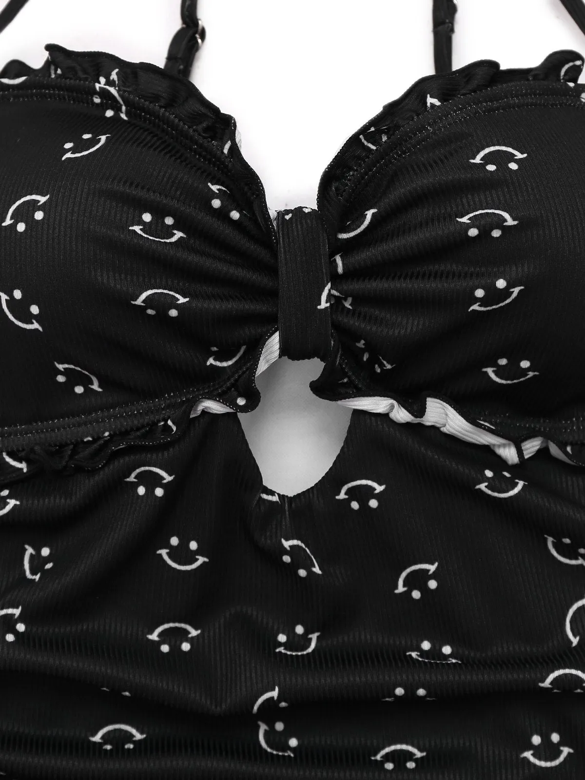 Black 1930s Smile Print Ruffles Spaghetti Straps One-Piece Swimsuit sold by Retro Stage product image thumbnail 3