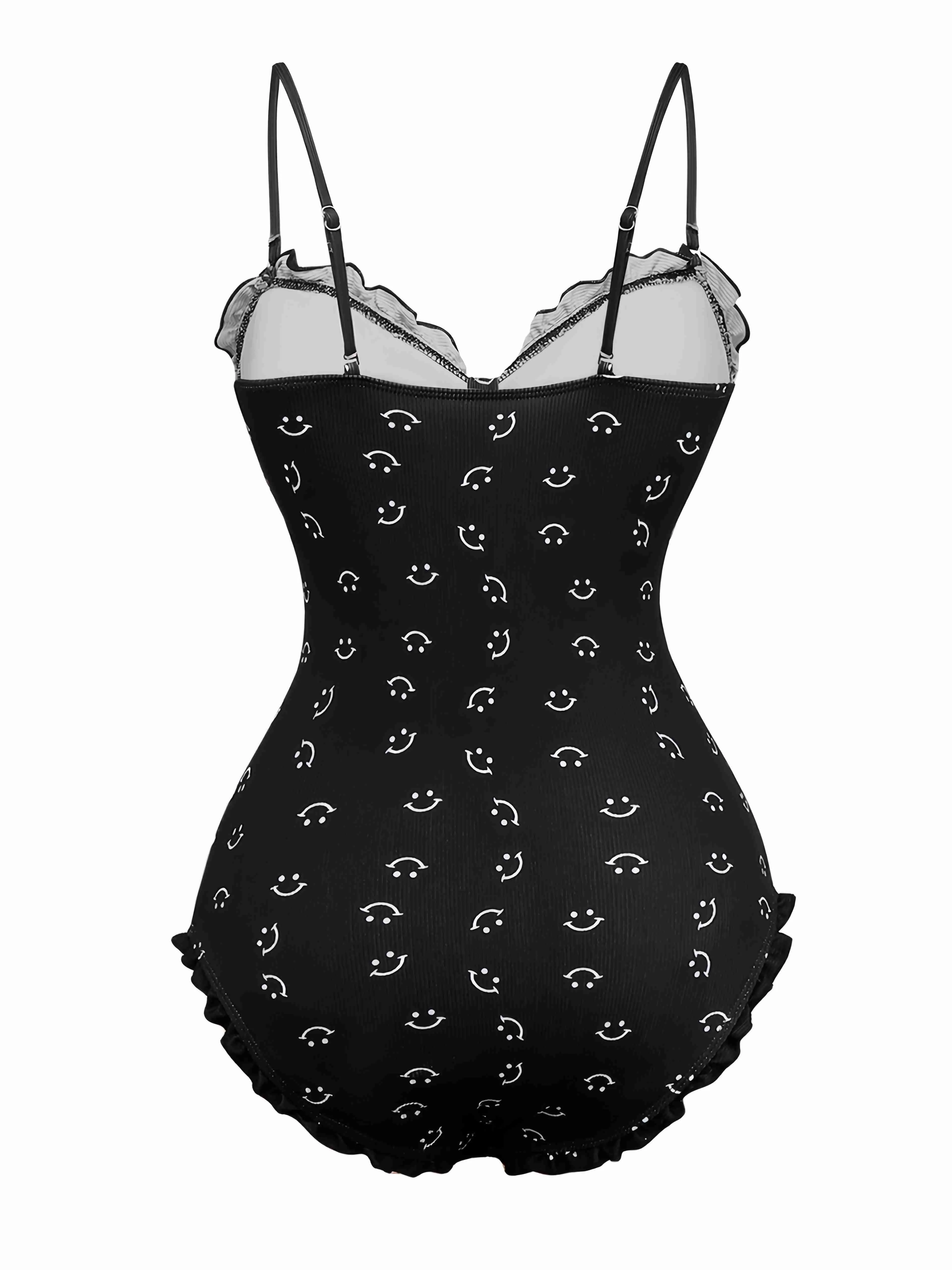 Black 1930s Smile Print Ruffles Spaghetti Straps One-Piece Swimsuit sold by Retro Stage product image thumbnail 2