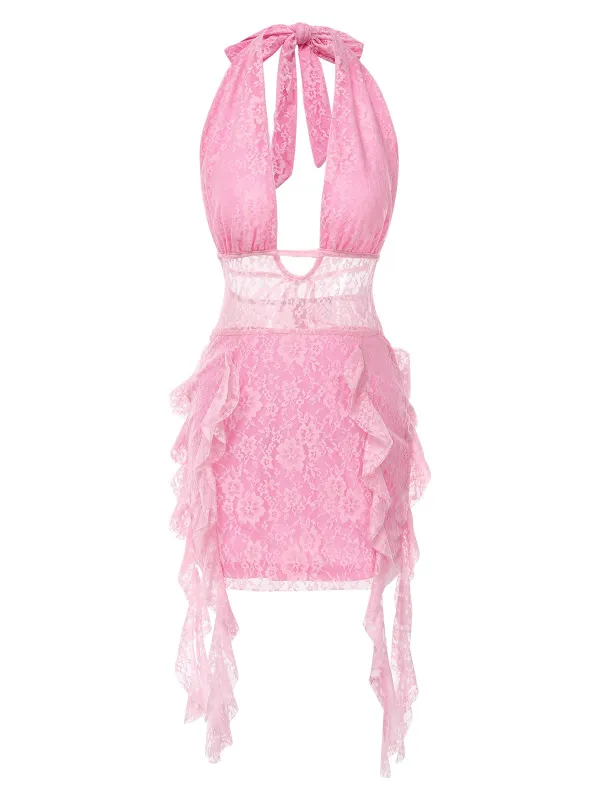 Pink 1960s Deep-V Halter Floral Lace Dress sold by Retro Stage