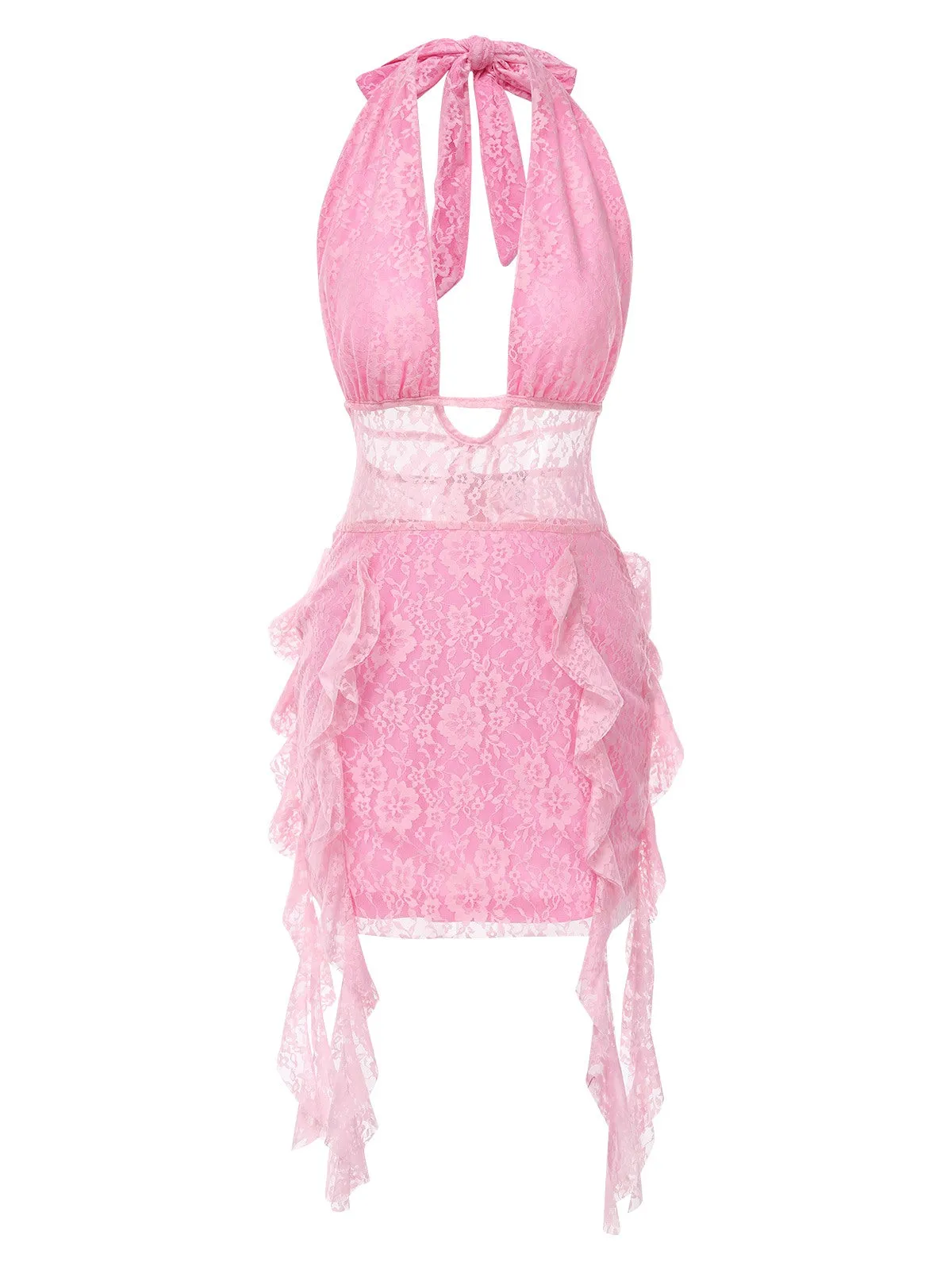 Pink 1960s Deep-V Halter Floral Lace Dress sold by Retro Stage