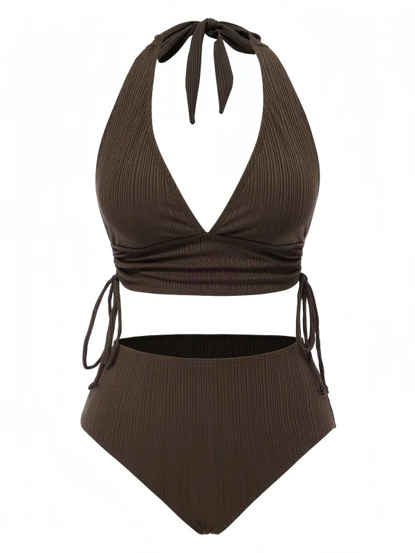 1930s Textured Fabric Solid Halter Lace-Up Swimsuit sold by Retro Stage