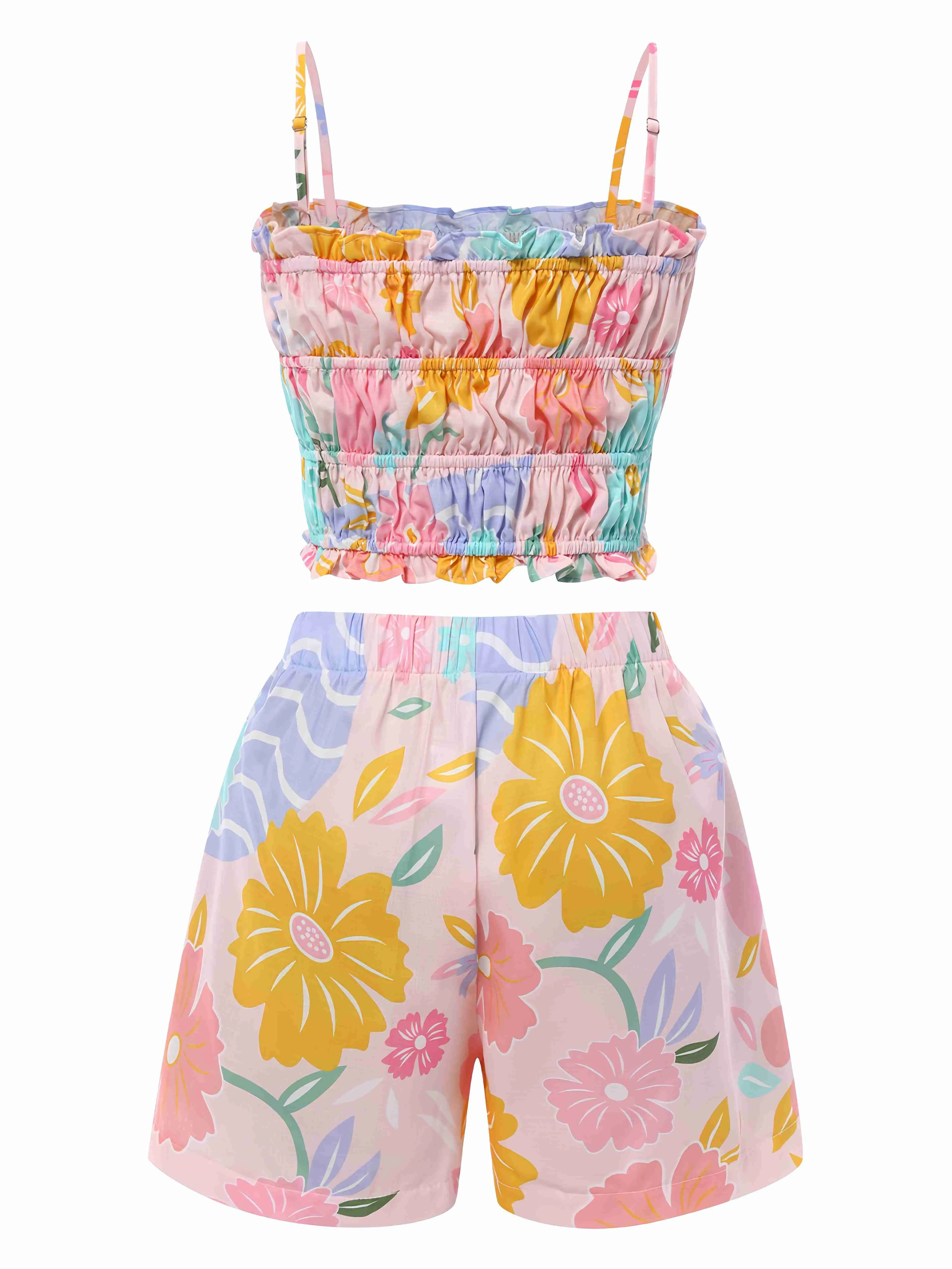 2PCS Pink 1960s Floral Print Ruffles Spaghetti Straps Camisole & Shorts sold by Retro Stage product image thumbnail 2