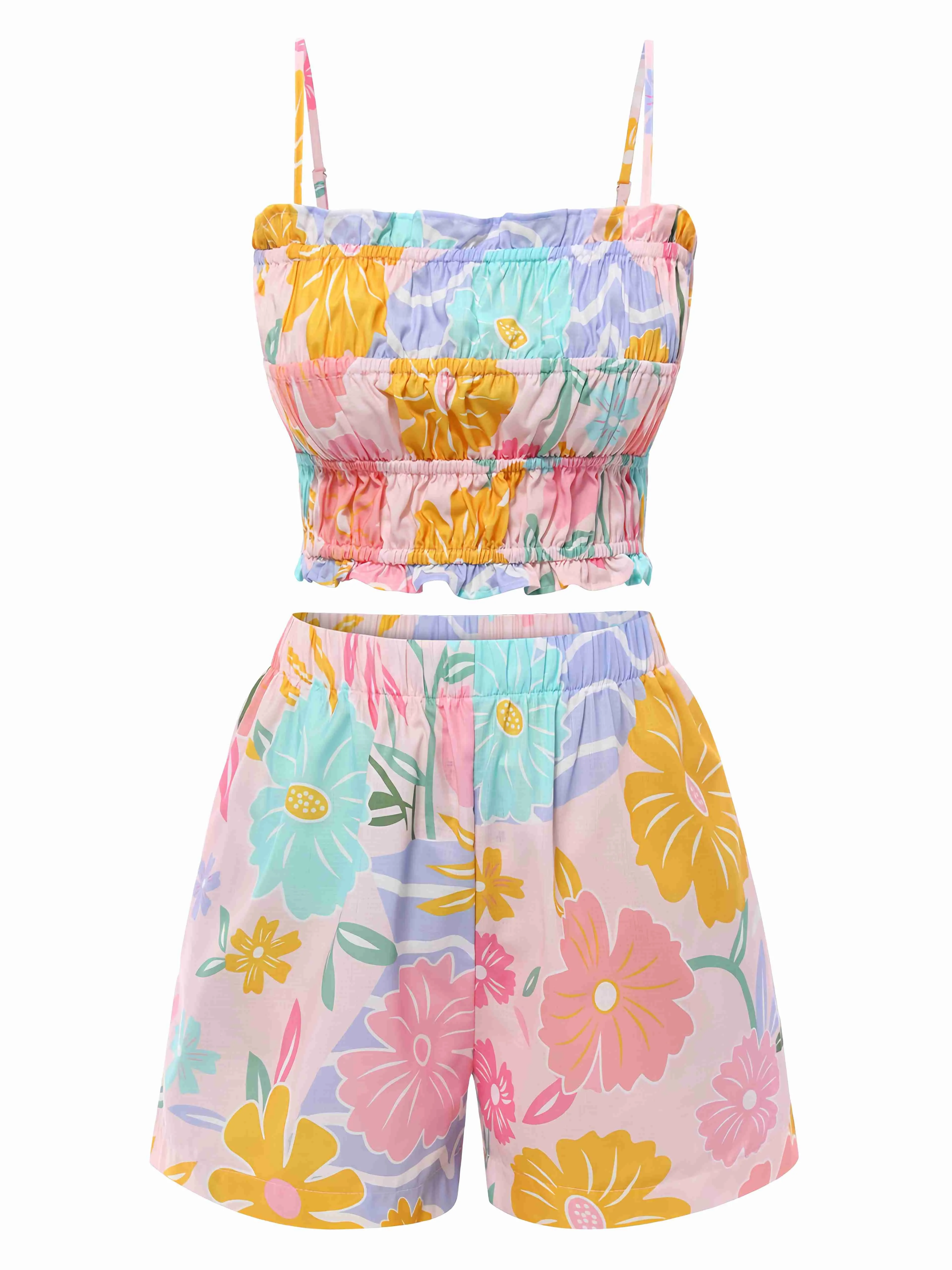 2PCS Pink 1960s Floral Print Ruffles Spaghetti Straps Camisole & Shorts sold by Retro Stage