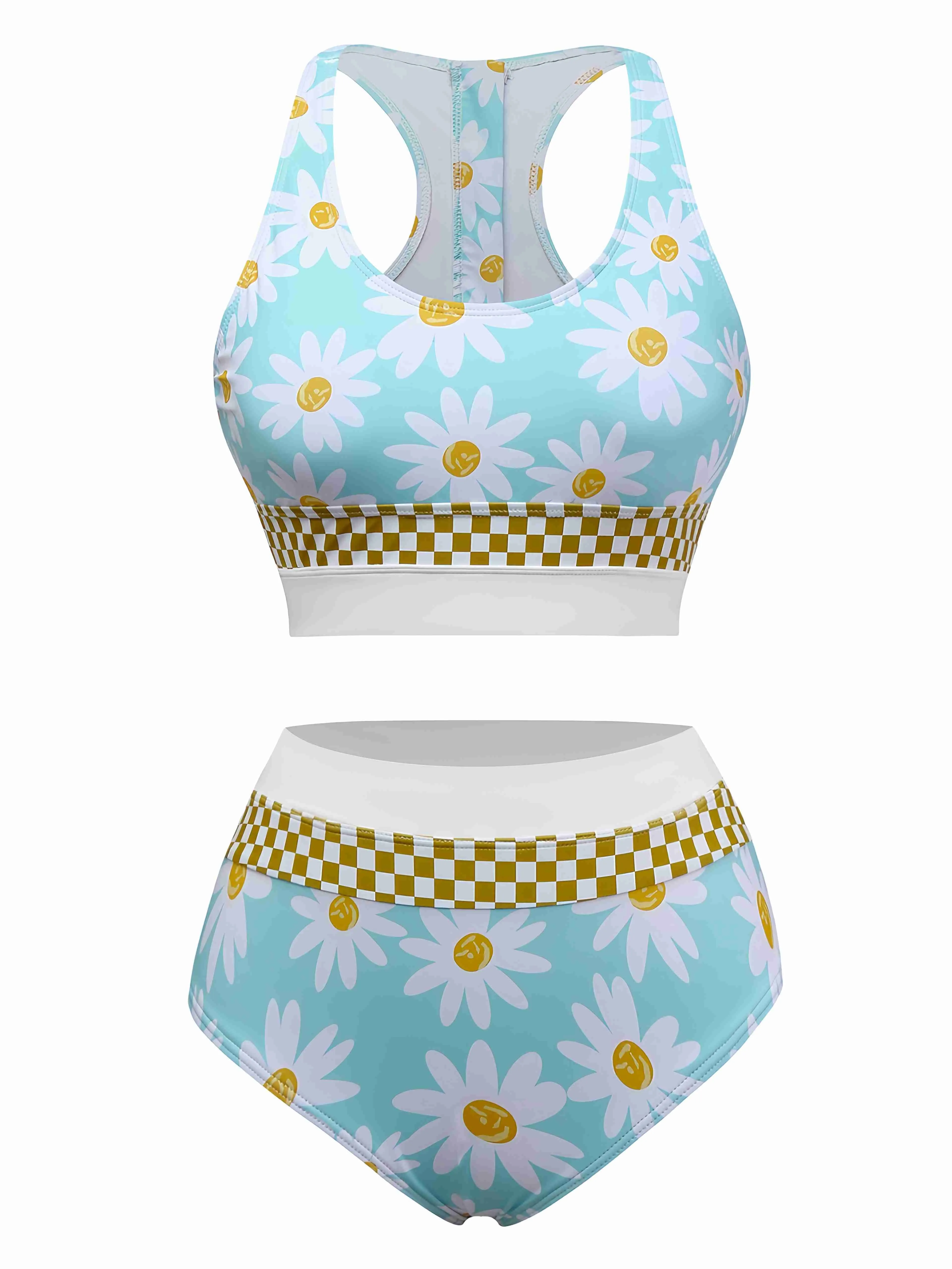 Blue 1960s Daisy Print Check Tankini Set sold by Retro Stage