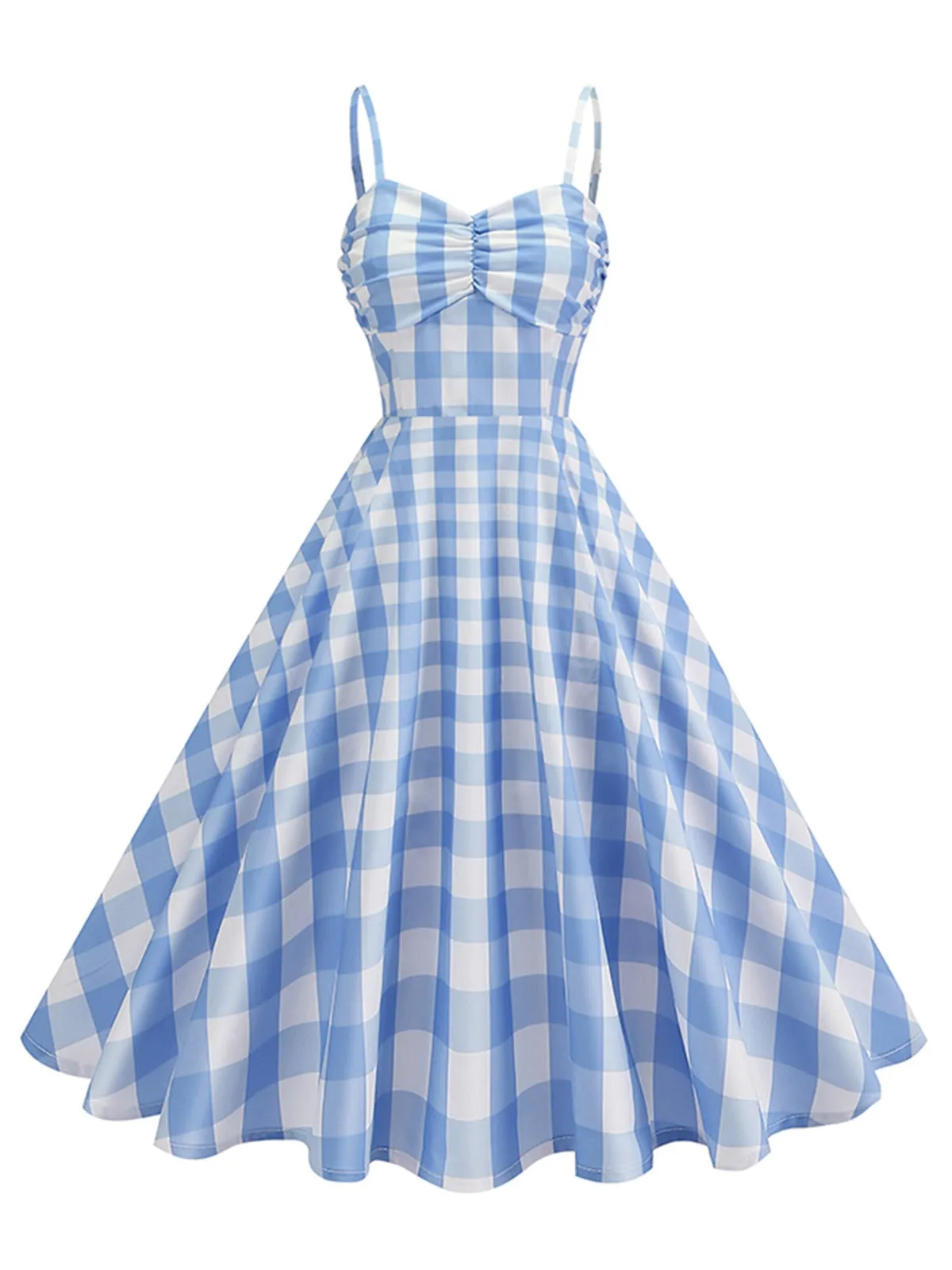 1950s Ruched Spaghetti Straps Gingham Plaid Dress sold by Retro Stage