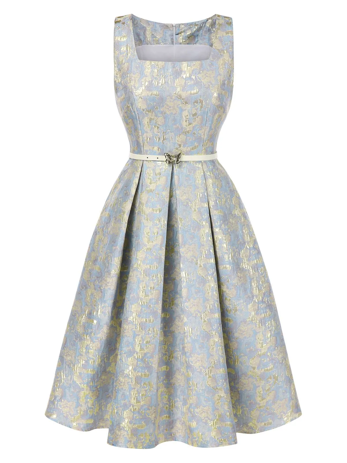 Light Blue 1950s Textured Floral Sleeveless Butterfly Dress sold by Retro Stage product image thumbnail 2