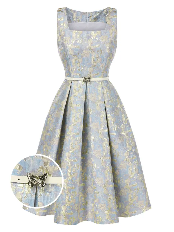 Light Blue 1950s Textured Floral Sleeveless Butterfly Dress sold by Retro Stage
