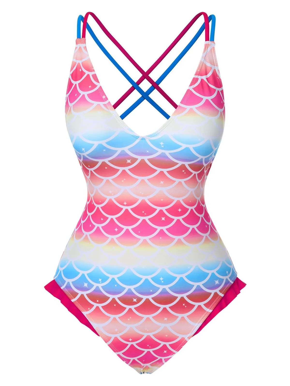 Rainbow 1970s Mermaid Scale Ruffle One-Piece Swimsuit sold by Retro Stage