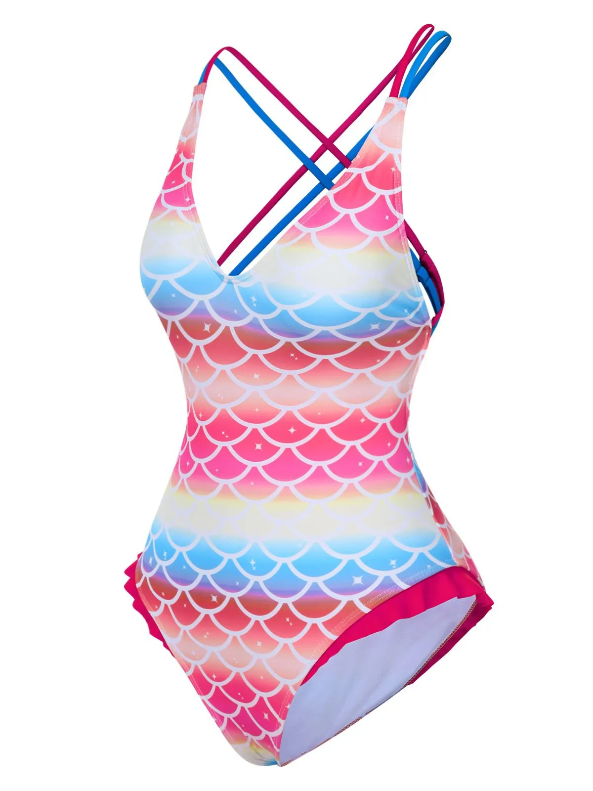 Rainbow 1970s Mermaid Scale Ruffle One-Piece Swimsuit sold by Retro Stage product image thumbnail 2