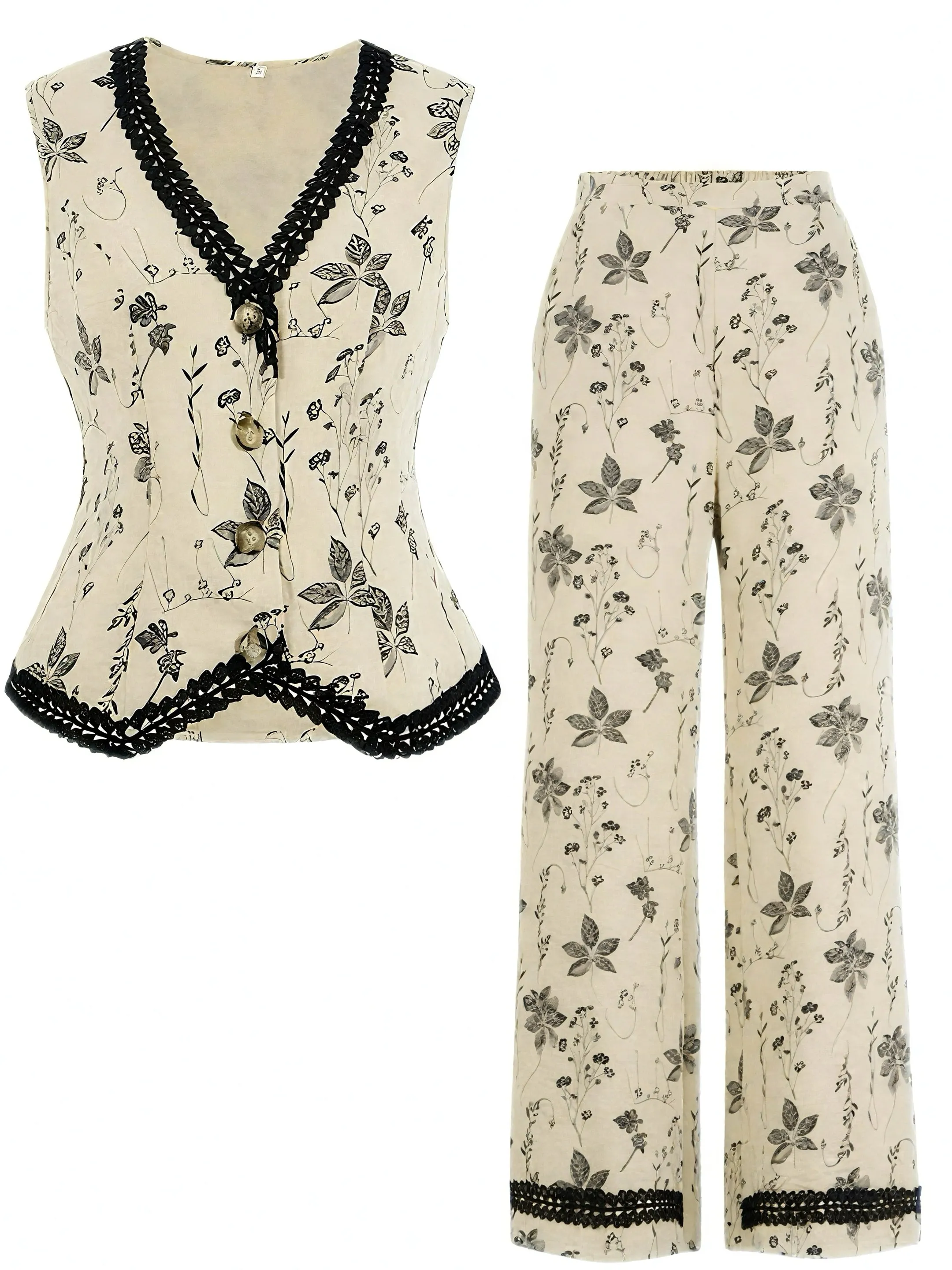 2PCS 1940s Floral Hem V-Neck Vest & Pants sold by Retro Stage