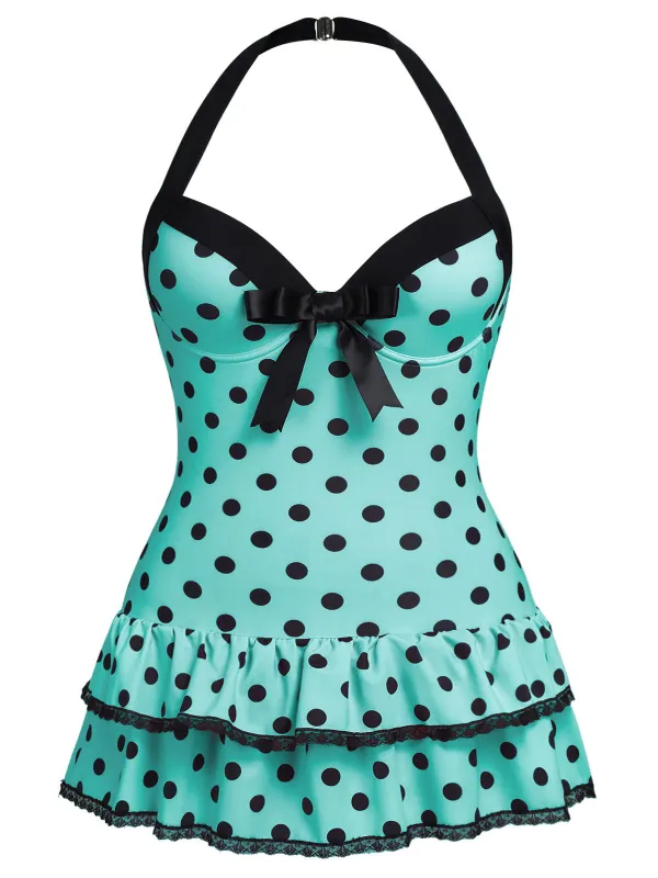 [Plus Size] Light Green 1940s Polka Dots Hater Swimsuit sold by Retro Stage